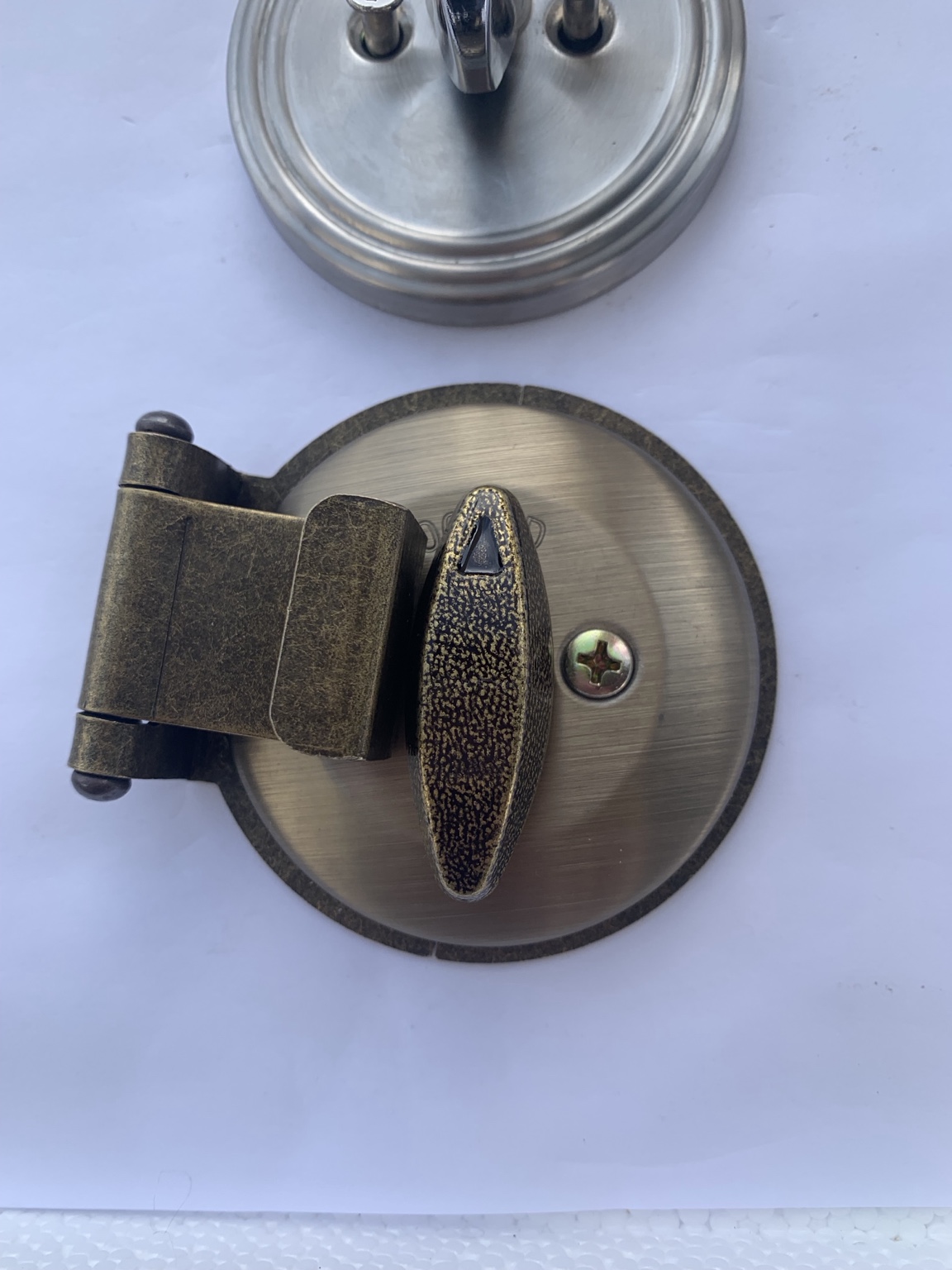 Deadbolt Secure Antique Brass installed with a deadbolt